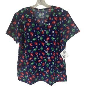 Divine Stretch Christmas Scub Shirt Top Womens Large Blue New Winter Gloves